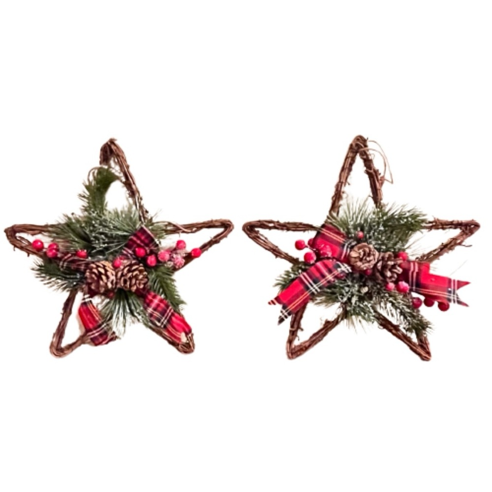 NWT- Set/2 Farmhouse Rustic Christmas Rattan & Pine Stars